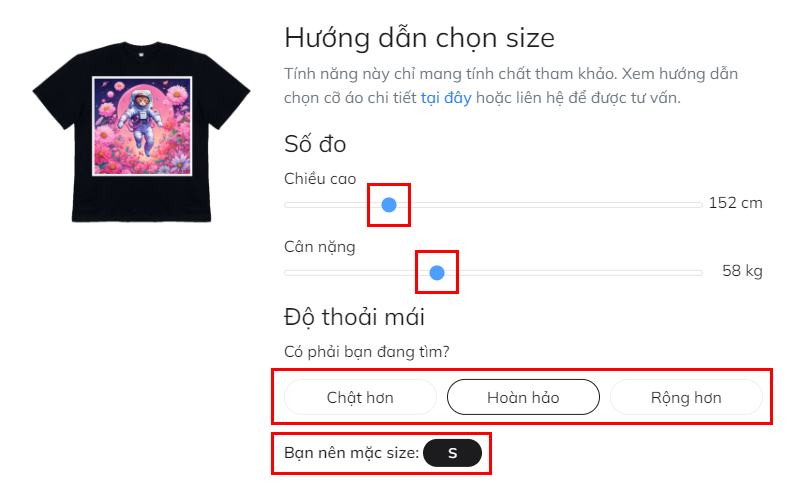 Giao diện công cụ tư vấn chọn size